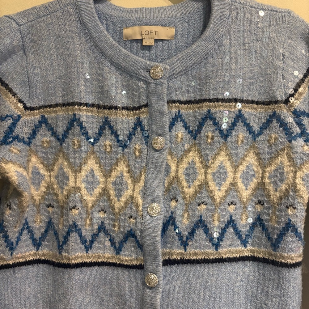 LOFT Sequin Fair Isle Sweater Jacket Light Blue size XS Cotton Blend - Picture 7 of 9